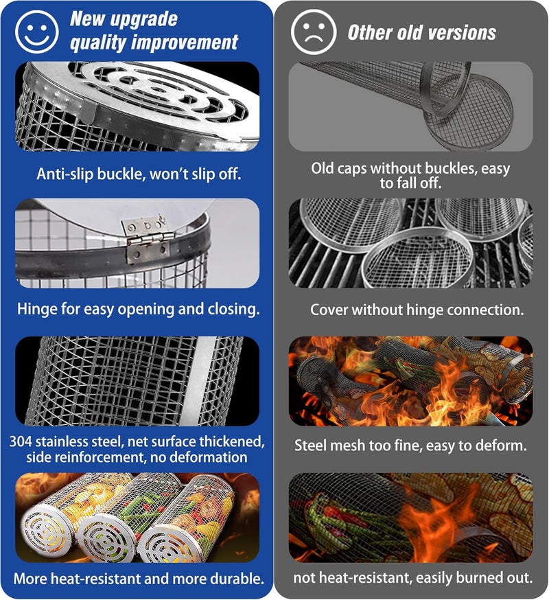 AUCMA Rolling Grilling Baskets for Outdoor Grill Bbq Net Tube Stainless Steel Lid Large Round Mesh Barbecue Wire Cylinder Cage Picnic Must Haves Tools Food Cooking Basket for Veggies Vegetable Fish Meat - Image 3